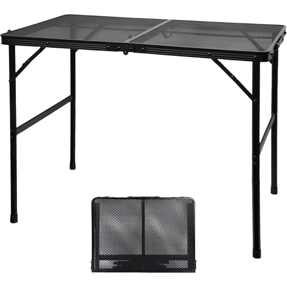 3 FT Black Adjustable Height Metal Folding Camping Table Mesh Top Portable Outdoor BBQ Picnic RV Grill Table