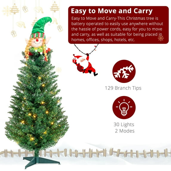 3 FT Christmas Tree, 129 Branches Green Durable PVC Tie Tree, Sturdy Foot Piece, Battery-Operated Light String & Decorative Dolls, Mini Indoor Holiday Decor