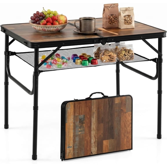3 FT Folding Camping Table, Adjustable Height Aluminum Portable Picnic Table with Storage Net for Outdoor BBQ, RV