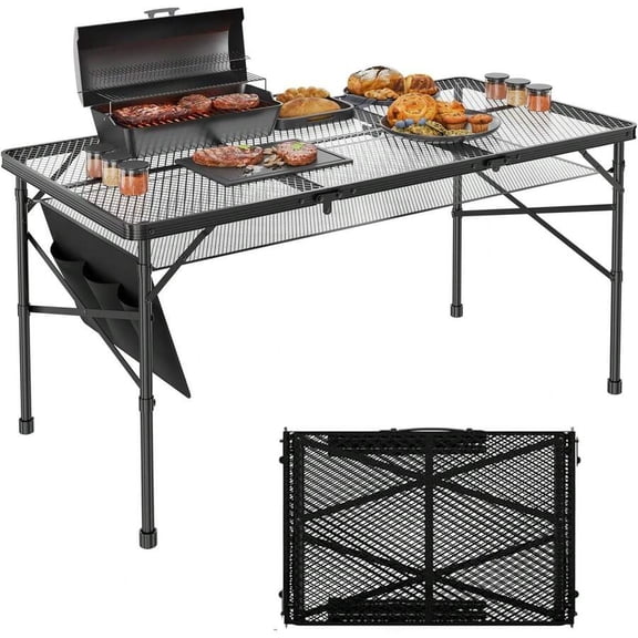 3 FT Folding Grill Table, Portable Camping Table Outside, 3 Adjustable Height Folding Table With Desktop, Lightweight Outdoor, Camping, Picnic, BBQ