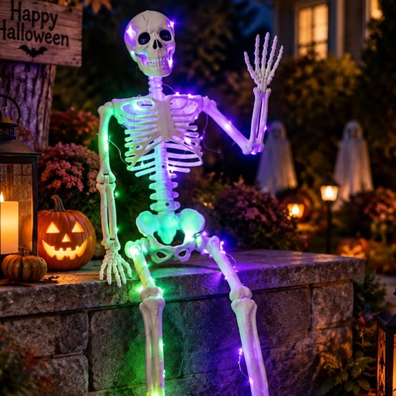 3 FT Light up Skeleton Halloween Decor: Posable Skeleton for Outdoor