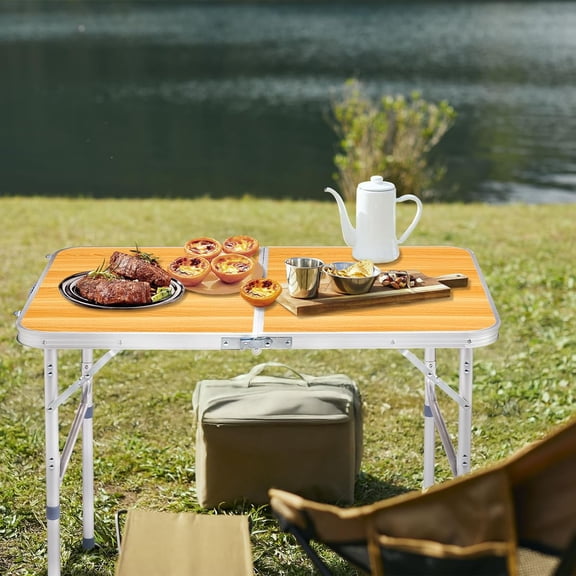 3 FT Portable Folding Table Indoor Outdoor Multipurpose Heavy Duty Foldable Table with Handle for Camping Picnic Party Backyard Reunion Dining - Wood Grain Color