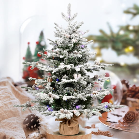 3 FT Pre-Lit Flocked Christmas Tree with 100 Dual-Color LED Lights, 528 Tips, 26 Pine Cones, 31 Inch Base, Burlap & Cement Stand, Tabletop Artificial Pine for Indoor Holiday Decor