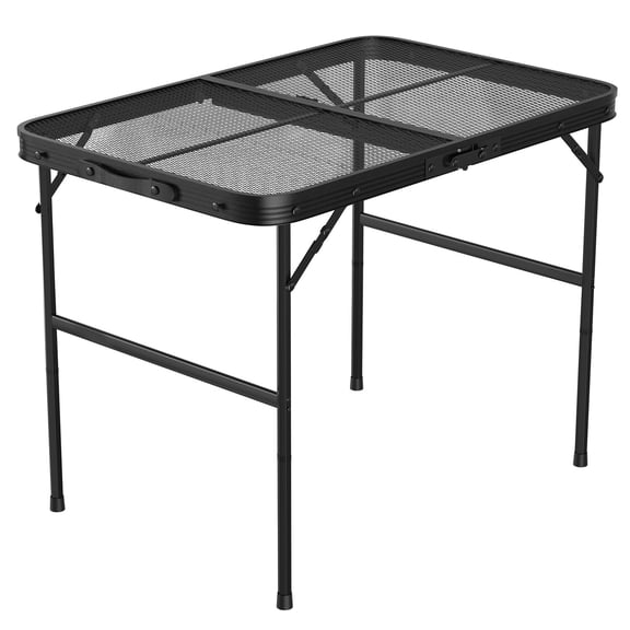 3 FT Small Folding Table with Carry Handle, Camping Table Adjustable Height 16.15–25.9 in, Black Metal Mesh, Portable & Compact for Outdoor/Indoor,Grill Table,66 lb Capacity
