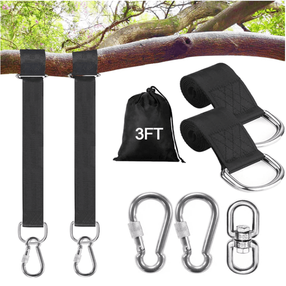 3 FT Universal Swing Hanging Straps, Heavy Duty 2-Inch Wide Tree Saver Straps with Carabiners, 5500 LB Capacity for Hammock, Porch Swing & Outdoor Use