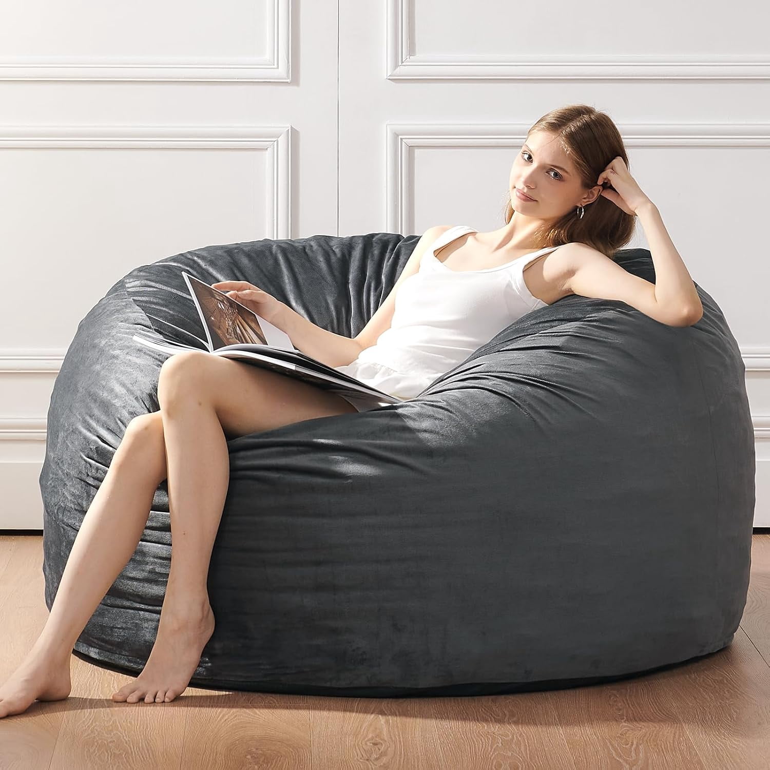 3 Feet Bean Bag Chair - BeanBag Chairs for Adults, Living Room Furniture Sofa with Soft  Fiber Cover, Round Fluffy Couch for Bedroom College Dorm - Grey
