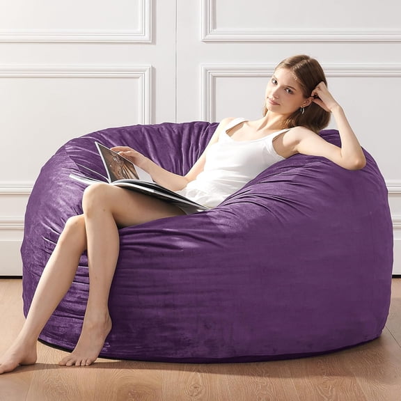 3 Feet Bean Bag Chair - BeanBag Chairs for Adults, Living Room Furniture Sofa with Soft Micro Fiber Cover, Round Fluffy Couch for Bedroom College Dorm - Purple