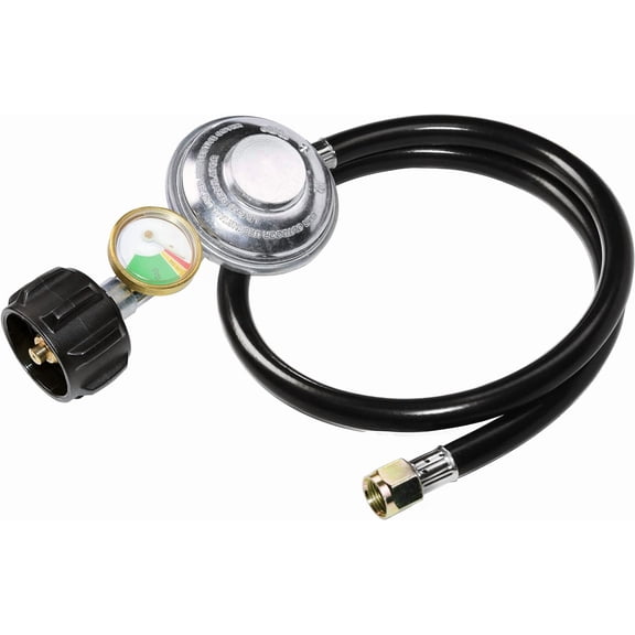 3 Feet Propane Regulator Hose with Propane Tank Gauge Universal Grill Regulator Replacement Parts, QCC1 Hose and Regulator for Most LP Gas Grill, Heater and Fire Pit Table, 3/8" Female Flare Nut