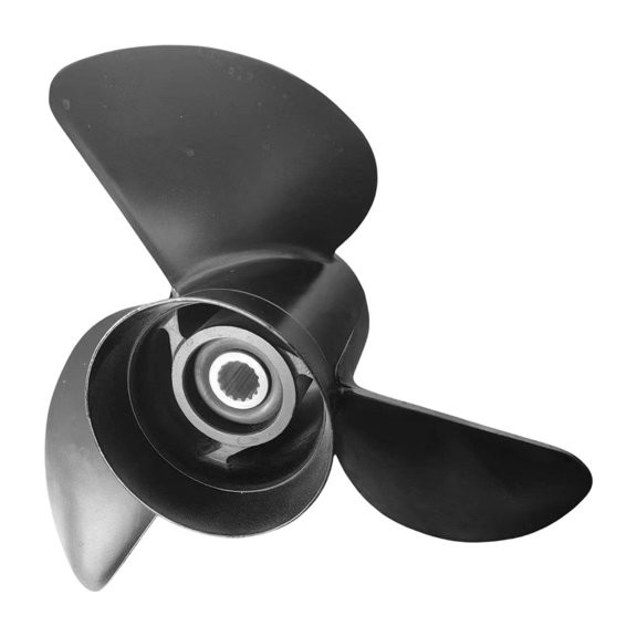 3 Fin Marine Propeller Assembly, Motor Replacement Component, Aluminum Alloy Finish, Through Hub Exhaust Form, Listed Reference Number Cue