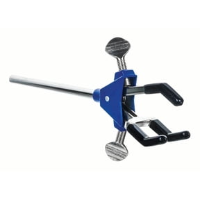 3 Finger, Vinyl Coated Dual Adjustable Extension Clamp on Stainless Steel Rod - 2.3" Max Clamp Opening, 5" Rod - Powder Coated Zinc Alloy - Research, Industrial Laboratory Grade - Eisco Labs