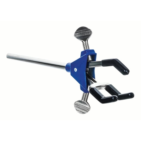 3 Finger, Vinyl Coated Dual Adjustable Extension Clamp on Stainless Steel Rod - 2.3" Max Clamp Opening, 5" Rod - Powder Coated Zinc Alloy - Research, Industrial Laboratory Grade - Eisco Labs