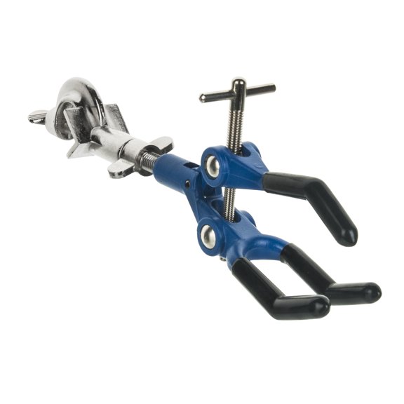 3 Finger, Vinyl Coated Extension Clamp on Swivel Bosshead - 3.4" Max Opening, , 2" Fingers - Bosshead fits up to 18mm Rod - Powder Coated Zinc Alloy - Research, Industrial Lab Grade - Eisco Labs