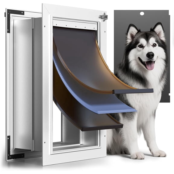 3-Flap Aluminum Dog Door for Wall Large Doggie Door Metal Doggy Door Heavy Duty Pet Door for Dogs up to 110lb, Insulated Flap, Lockable Closing Panel, Telescoping Tunnel, for Interior & Exterior Wall