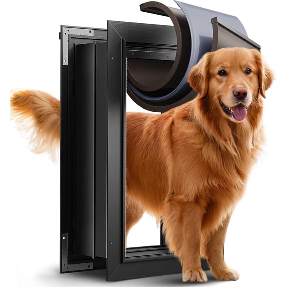 3-Flap Aluminum Dog Door for Wall Large Doggie Door Metal Doggy Door Heavy Duty Pet Door for Dogs up to 110lb, Insulated Flap, Lockable Closing Panel, Telescoping Tunnel, for Interior & Exterior Wall