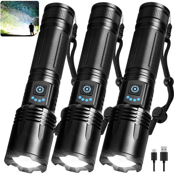 3   Flashlights High Lumens, 99,000 Lumens  Bright  Flashlight for  Camping, Handheld Flash Light  Flashlight with 5 Modes & Adjustable Function