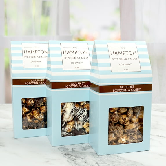 3 Flavor Gourmet Popcorn Indulgent Gift Pack: Chocolate Caramel Sea Salt, Cookies & Cream, Peanut Butter Cup Popcorn, The Hampton Popcorn & Candy Company (3 Pack)