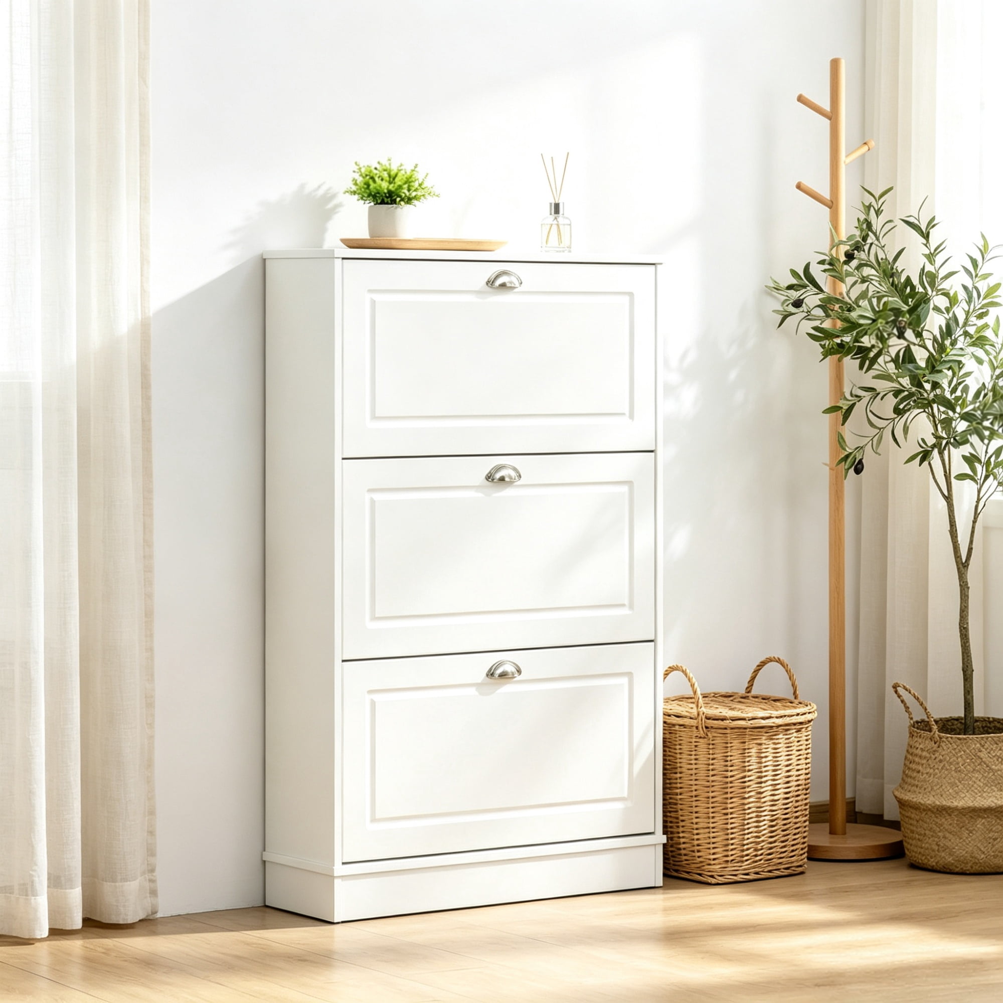3-Flip-Drawer Narrow Shoe Cabinet, 12-Pair Capacity, for Entryway Hallway, White
