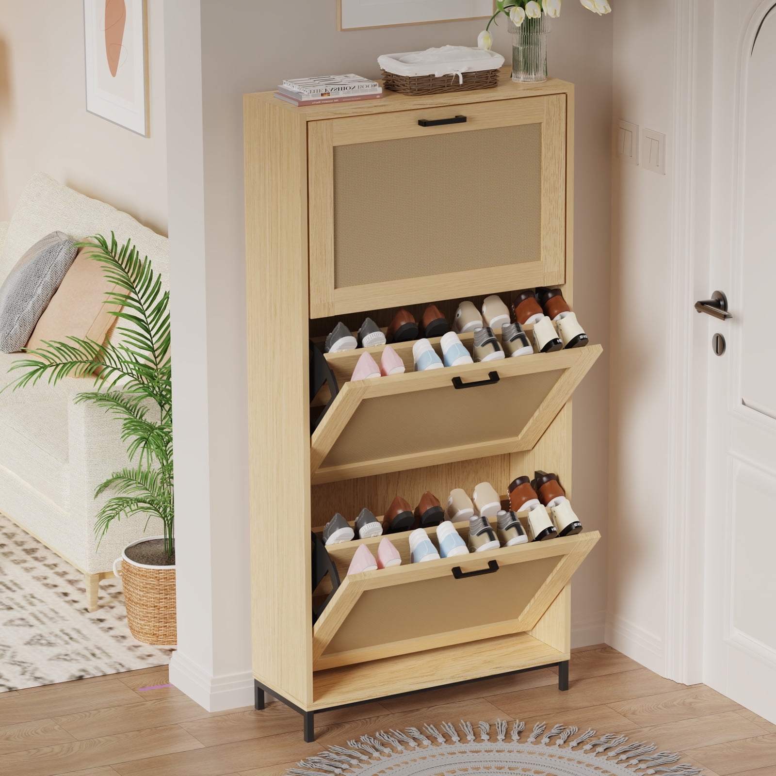 Organizedlife Modern Large Slim Shoe Storage Cabinet with Full Length Mirror 5 Flip Drawers for Entryway Hallway Walmart