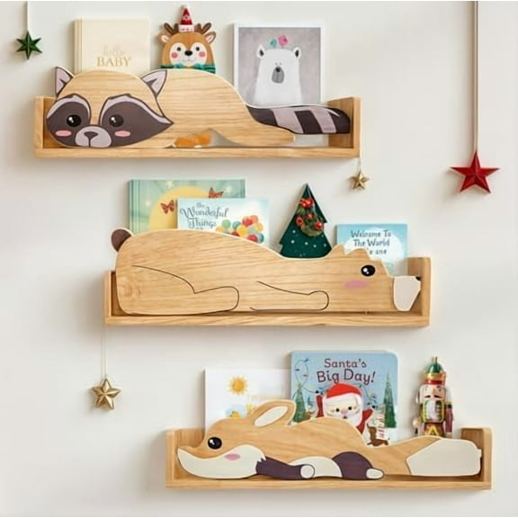3 Floating Shelves, Wall Shelf for Kids Rooms, Woodland Nursery Bookshelves, Bear Fox and Raccoon 24inch$$Home Decor, Kitchen, & Other