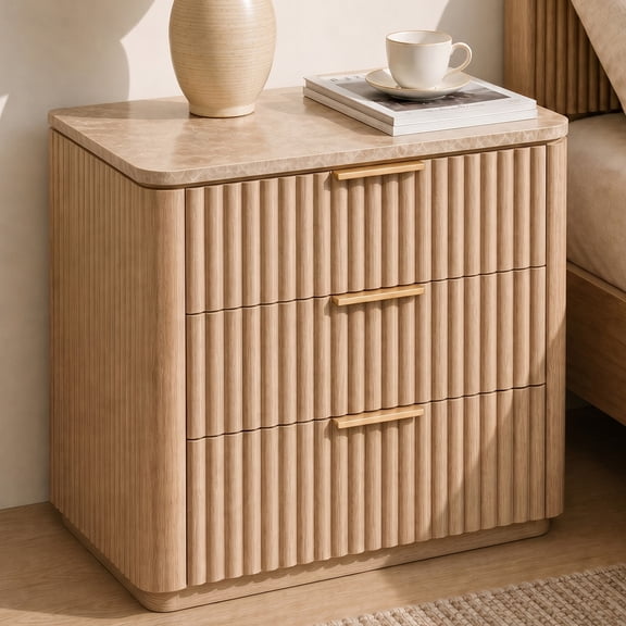 Hvoonc 3 Drawer Nightstand with Faux Marble Top, 25" Tall Fluted Storage Bedside Table, FSC Certified Wood, Natural Oak