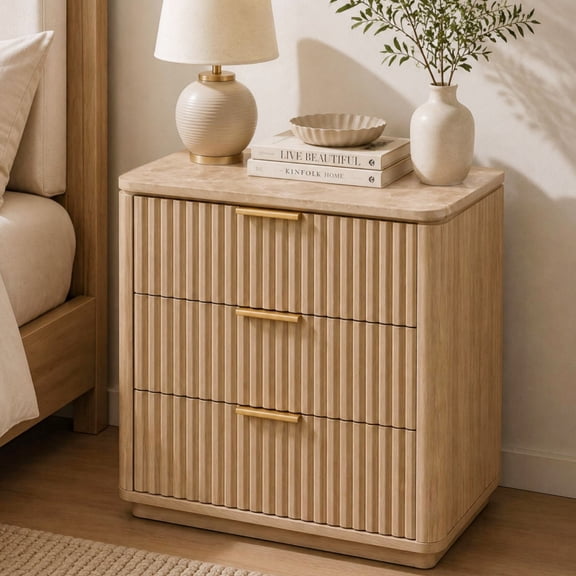 Hvoonc 3 Drawer Nightstand with Faux Marble Top, 25" Tall Fluted Storage Bedside Table, FSC Certified Wood, Natural Oak