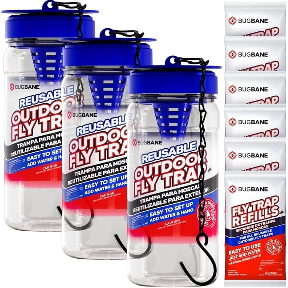 3 Fly Traps Outdoor Fly Trap for Patio with 6 Non-Toxic Dissolvable Bait Refills. Reusable Hanging Bug Catcher Killer for All Filth Flies for Outside Bug Control Yard Ranch. Hanging Chains Included