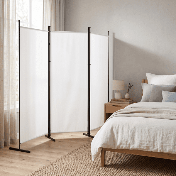 3-Fold 6FT Foldable Screen, 160g Plastic Feet Polyester Fabric Carbon Steel Frame Room Divider, Off-White