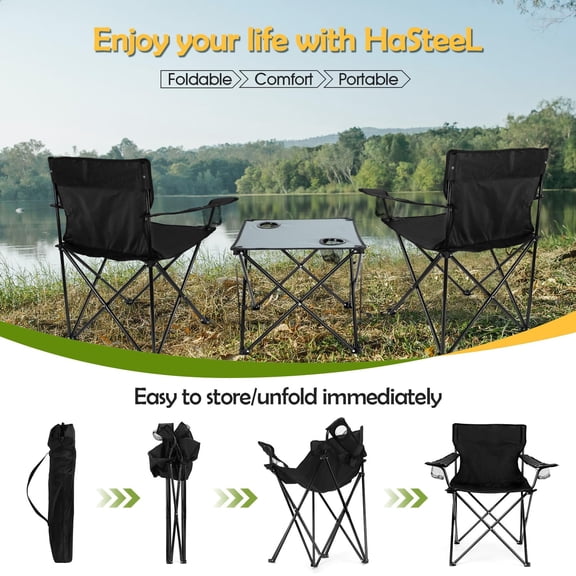 3, Foldable Black Camp Chairs & Grey Table, Large Lawn Chair Portable for Adults Hiking, Fishing, Picnic, Outdoor BBQ, Travel, Sports, Cup Holders & Storage Bags