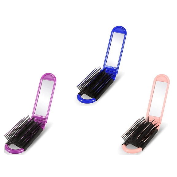 3 Folding Hair Brush With Mirror Compact Pocket Size Travel Car Gym Bag Purse Locker