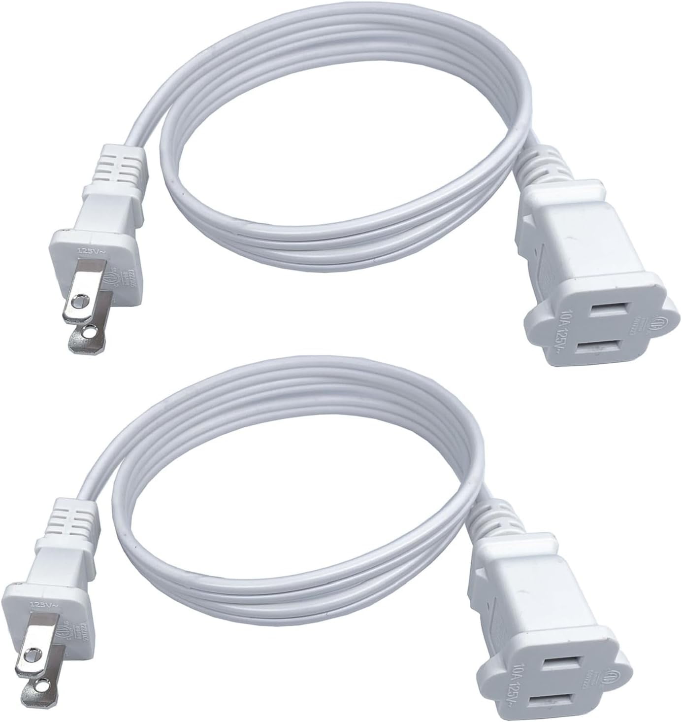 3 Foot Extension Cord, 2 Prong Small AC Power Cord White, 18 AWG Power Cable for Indoor Use, Male to Female Extension Cord, NEMA 5-15P to NEMA 5-15R, 2 Pack