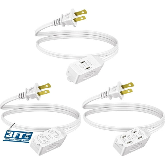 3 Foot Exteon Cord, 16 A SPT-2 Power Cable for Indoor Use, 2 Prong Outlets Plugs for rtmas Decor and Lights, NEMA 5-15P to NEMA 5-15R, White, ETL Lted, 3 Pack