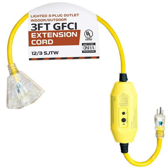 IRON FORGE CABLE 3 Foot Lighted Outdoor GFCI Extension Cord with 3 Electrical Power Outlets - 12/3 SJTW Heavy Duty Yellow Pigtail Extension Cable with 3 Prong Grounded Plug for Safety, 15 AMP