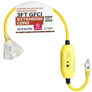 IRON FORGE CABLE 3 Foot Lighted Outdoor GFCI Extension Cord with 3 Electrical Power Outlets - 12/3 SJTW Heavy Duty Yellow Pigtail Extension Cable with 3 Prong Grounded Plug for Safety, 15 AMP