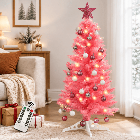 3 Foot Pink Artificial Christmas Tree with Warm Lights, Ornaments, and ...