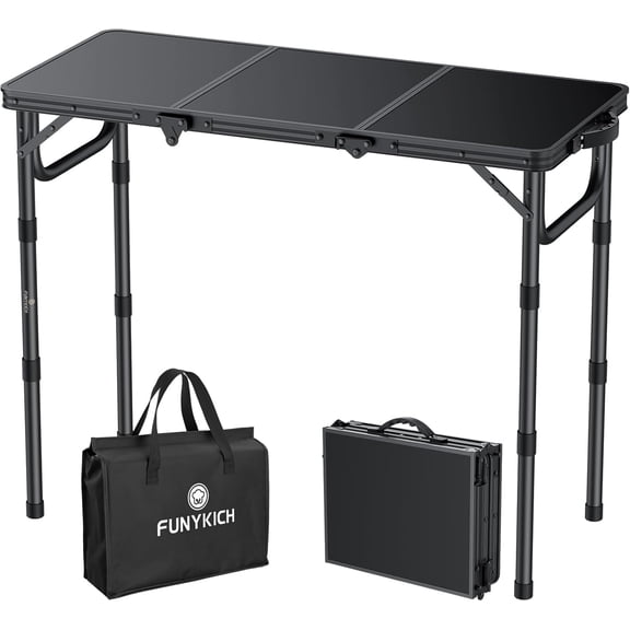 3 Foot Portable Folding Table with 3 Adjustable Heights, Lightweight Aluminum, Black, 34.2 Inch L x 15.7 Inch W
