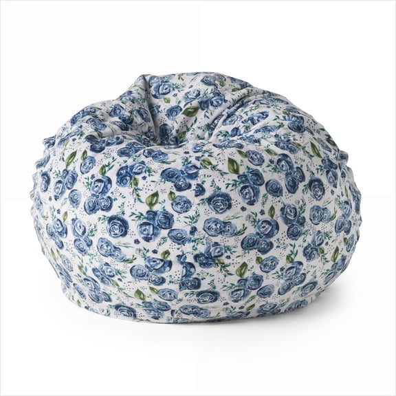 3 Foot Round Bean Bag Chair Blue Rose Print | Fabric | Multicolor