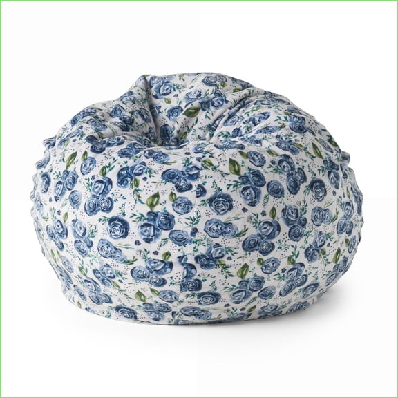 3 Foot Round Bean Bag Chair, Blue Rose Print | Round | Fabric
