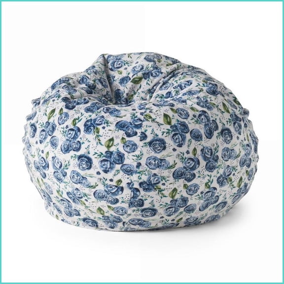 3 Foot Rounded Bean Bag Chair, Blue Rose Print | Fabric | Multicolor