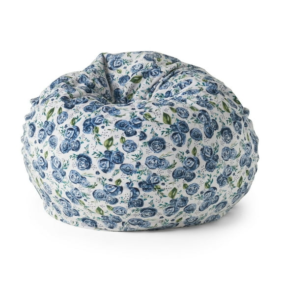 3 Foot Rounded Bean Bag Chair in Navy Multi Fabric - Soft Foam Filled, Removable Washable Cover, Cozy Modern Design for Living Room or Bedroom