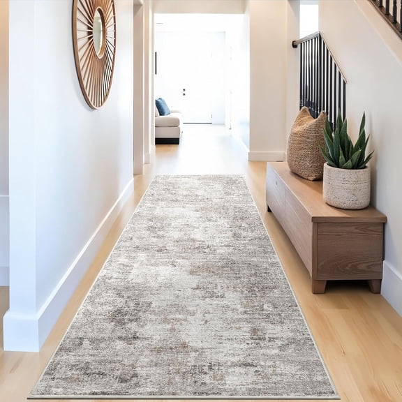 3 Foot by 10 Foot Non Slip Washable Hallway Runner Rug with Rubber Backing in Beige Grey Brown