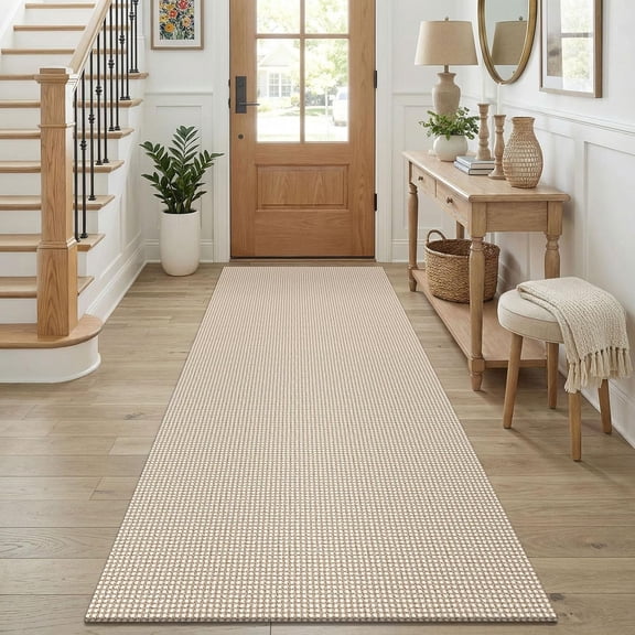 3 Foot by 8 Foot Washable Cotton Runner Rug with Non Slip Rubber Backing in Ivory Camel Brown