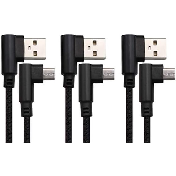 3 Ft 90 Degree Micro USB Cable Right Angle USB 2.0 Micro Male Nylon-Braided Fast Sync & Charging Cord Compatible with Android, Samsung, LG,Huawei, Smartphones & More(Black/3-Pack)