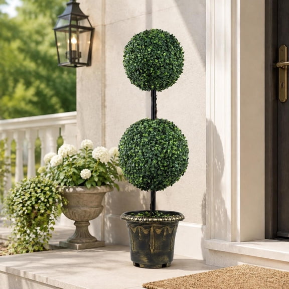 3 Ft Artificial Boxwood Topiary Tree Double Ball Shrubs with Pe Leeves, Metal Trunk, Black-Gold Planter