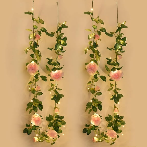 3.Ft Artificial Pink Rose Garland, Fake Rose Vine Floral Garland with 3 Ft/LED String Lights, Silk Hanging Rose Flower Vines for Wedding Party Garden Home Table Wall Decor