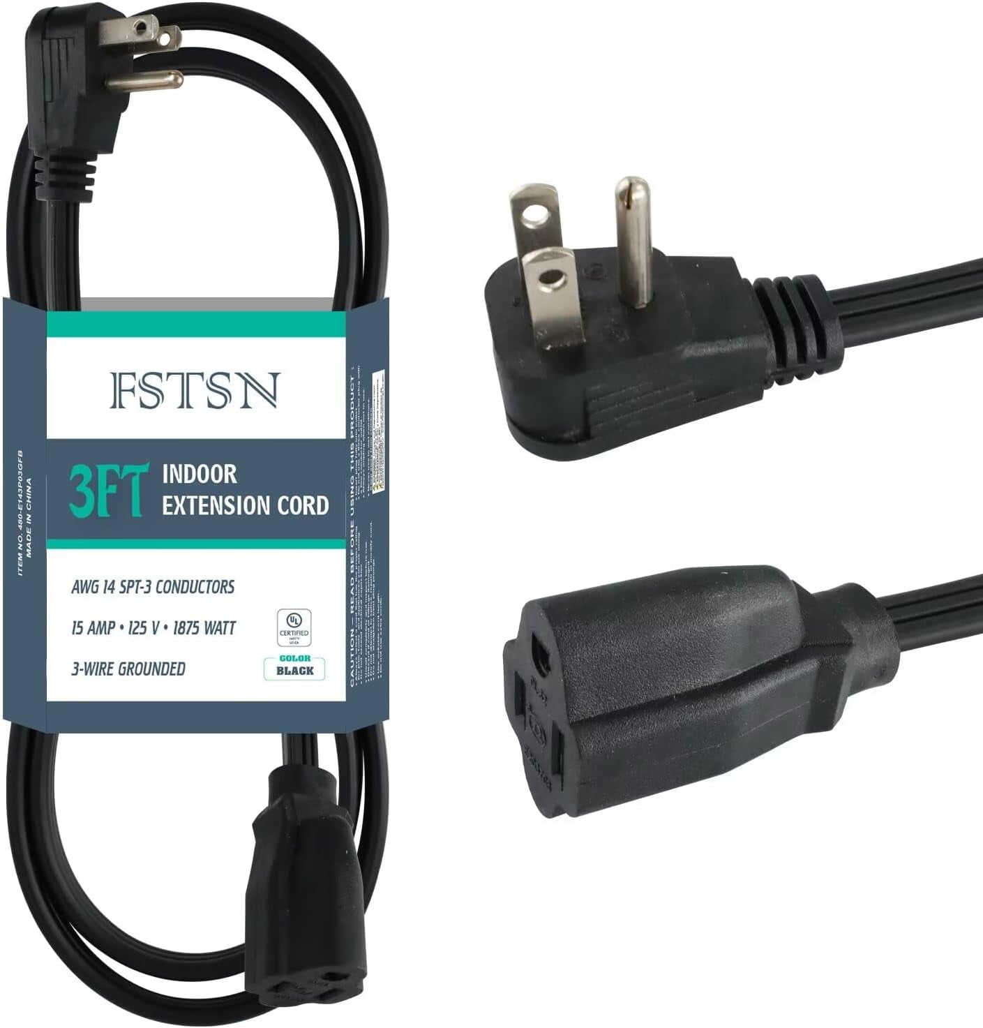 3 Ft Black Appliance Extension Cord 14 Gauge 3 Prong SPT3 Cable Wire