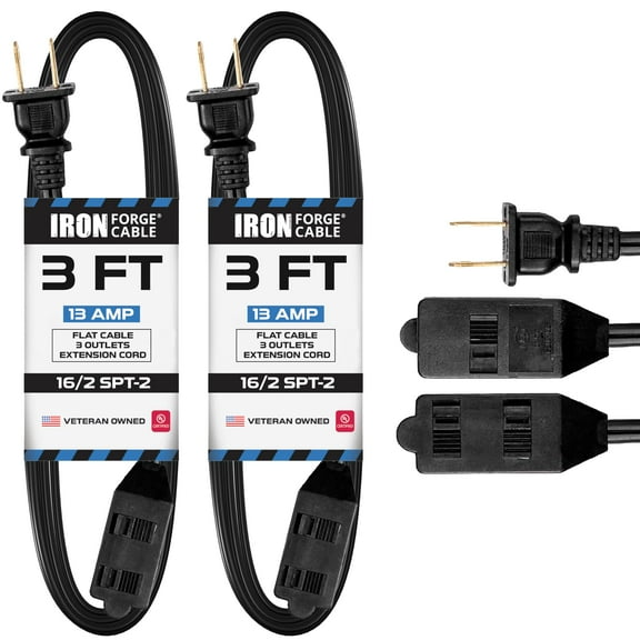 Iron Forge Cable 2 Pack 3 ft Black Extension Cord with 3 Outlets - 16/2 SJTW 2 Prong Indoor Extension Cord with Multiple Outlets