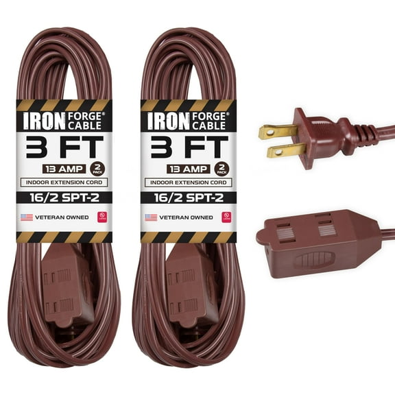Iron Forge Cable 2 Pack 3 ft Brown Extension Cord with 3 Outlets - 16/2 SJTW 2 Prong Indoor Extension Cord with Multiple Outlets