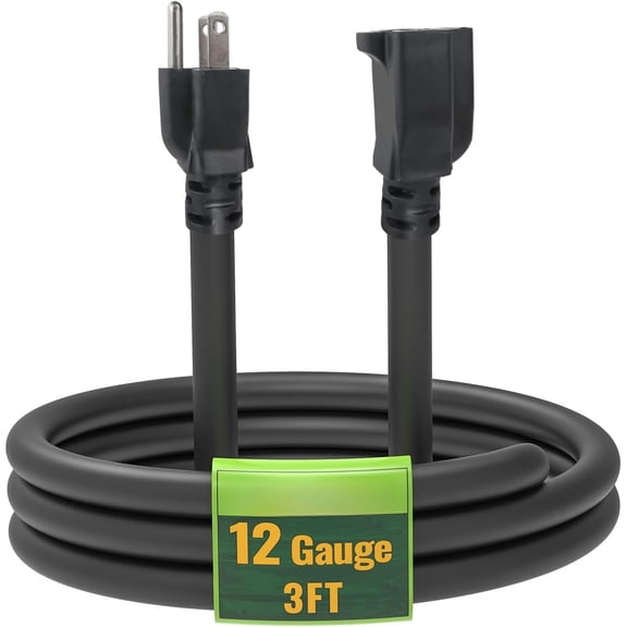 3 Ft Extension Cord - 12/3 SJTW  Black Extension  with 3 Prong Grounded Plug - Power Cord for Lawn, Garden, Appliances