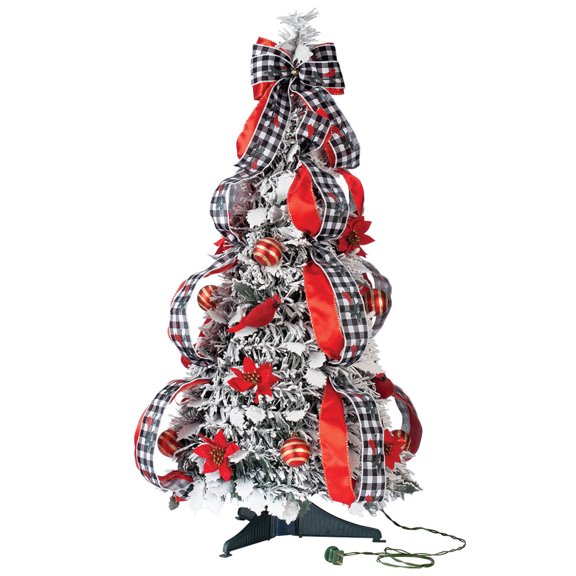 3-Ft. Flocked Cardinal Tree - Christmas Décor with 50 Warm Clear Lights - Decorations Included - Snowy Branches - Sturdy Base - By Holiday PeakTM