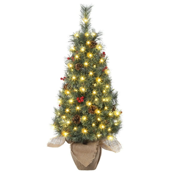 3 Ft Mini Christmas Tree, Prelit Snow Flocked Xmas Tree with Lights, Burlap Base, Small Tabletop Artificial Christmas Tree for Indoor Holiday or Party Decor